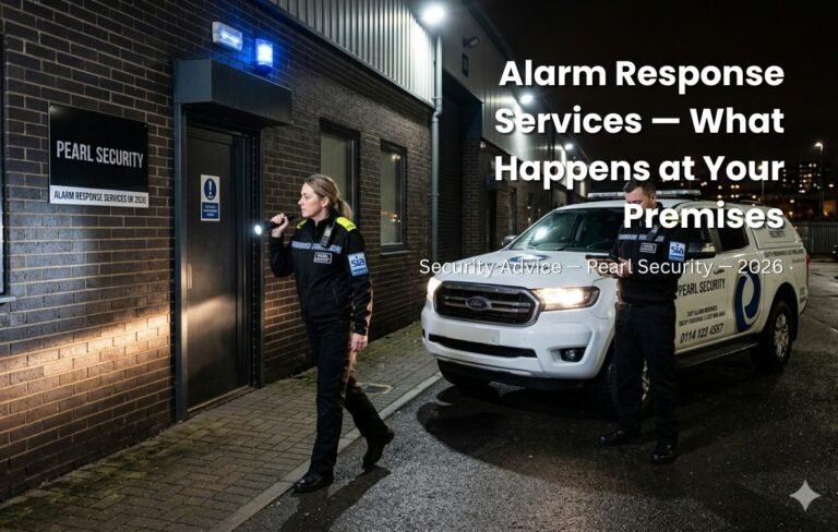Alarm response services UK Sheffield — SIA licensed Pearl Security officer attending premises after alarm activation South Yorkshire 2026