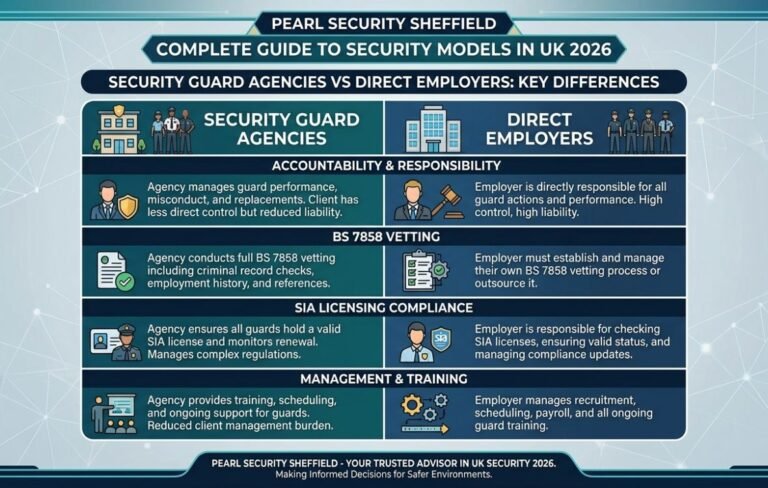Security guard agencies vs direct employers UK — accountability compliance vetting comparison Pearl Security Sheffield 2026