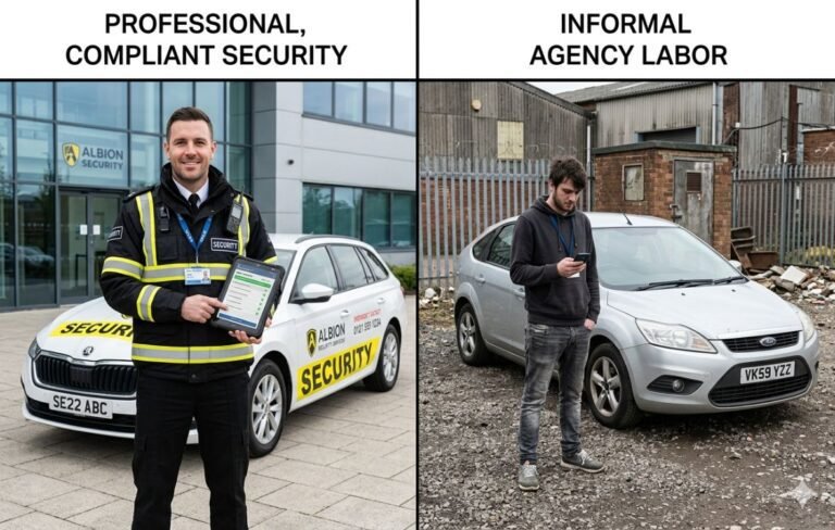 Split image comparing a uniformed directly employed security guard at a commercial site with an agency-supplied guard, illustrating the difference between security guard agencies and direct employers in the UK