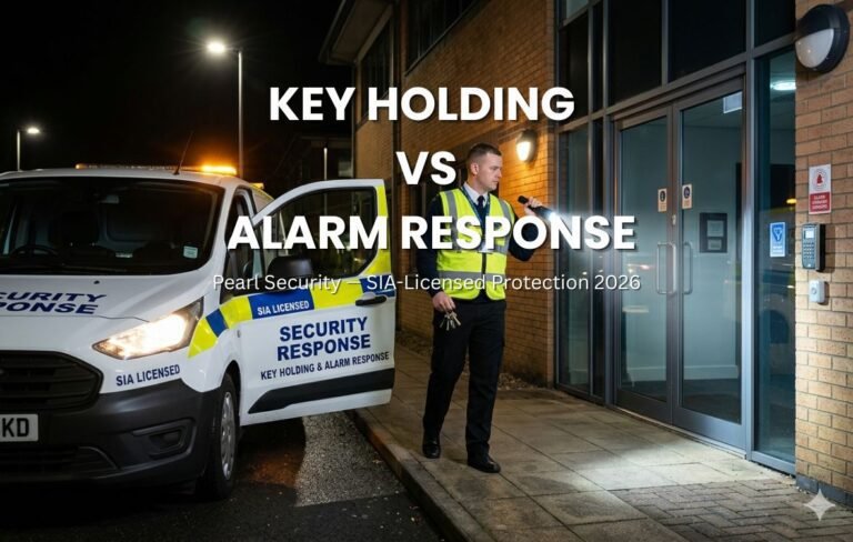 SIA-licensed security officer exiting response vehicle at night to attend an alarm activation, demonstrating professional key holding and alarm response service in the UK