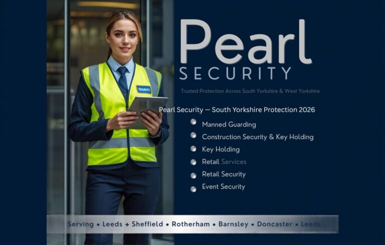 SIA-licensed security guard in uniform standing outside a commercial building in Sheffield, demonstrating professional security guard services available across South Yorkshire