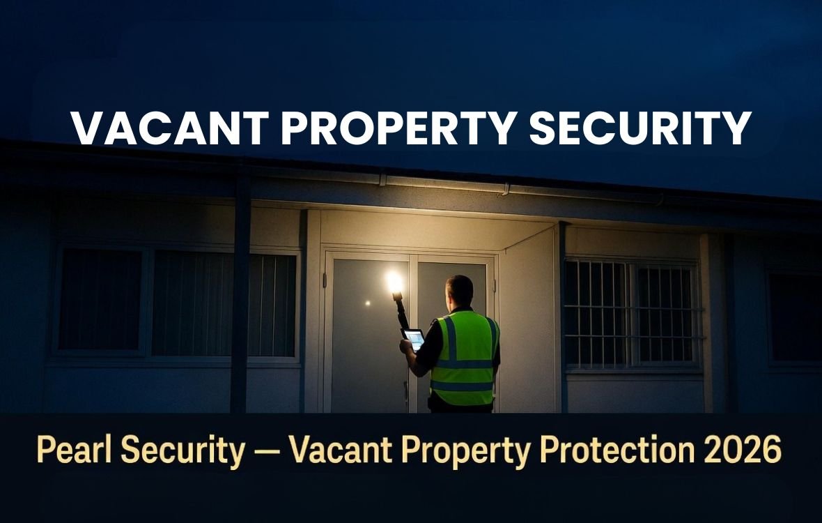 SIA-licensed security officer inspecting a vacant commercial property at night with torch, demonstrating professional vacant property security patrol in the UK