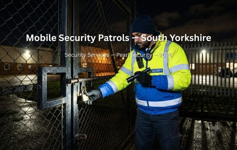 Mobile security patrols South Yorkshire — Pearl Security SIA licensed patrol officer checking perimeter Sheffield Rotherham Barnsley Doncaster 2026