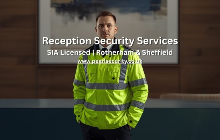 Text: SIA-licensed reception security officer managing visitor access at commercial premises in Rotherham