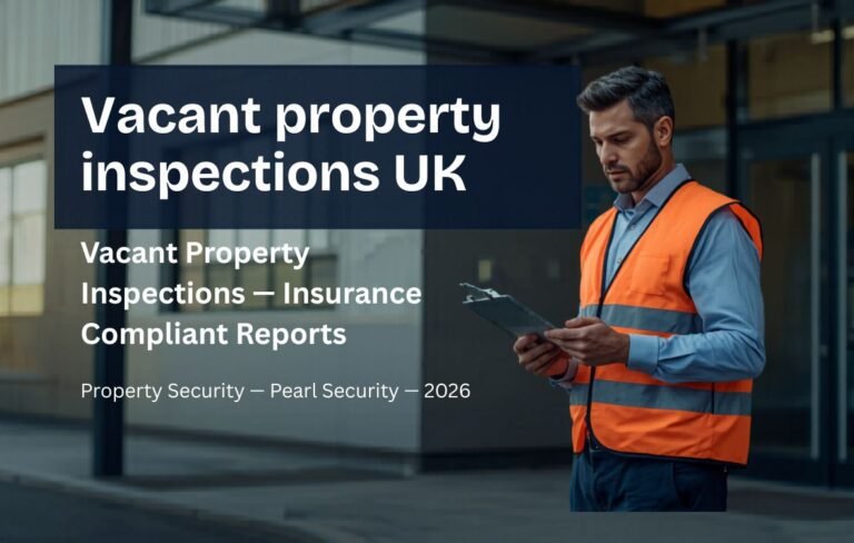 Vacant property inspection UK Sheffield — Pearl Security officer documenting empty building insurance compliance South Yorkshire 2026