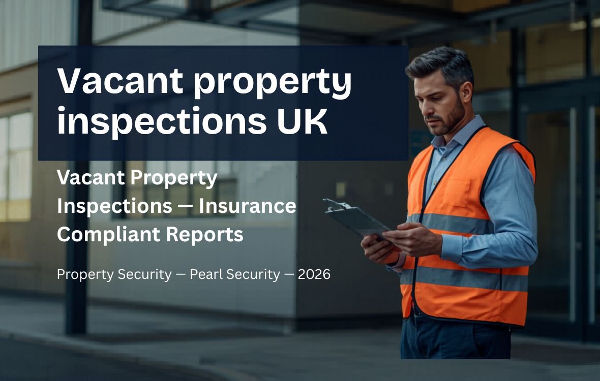 Vacant property inspection UK Sheffield — Pearl Security officer documenting empty building insurance compliance South Yorkshire 2026