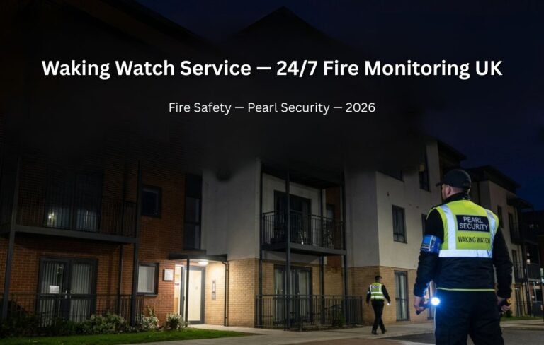 Waking watch service UK — Pearl Security officer patrolling residential building fire safety Sheffield South Yorkshire 2026